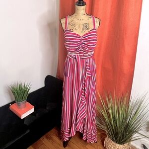 Anthropologie Striped Ruched Ruffle Maxi Dress